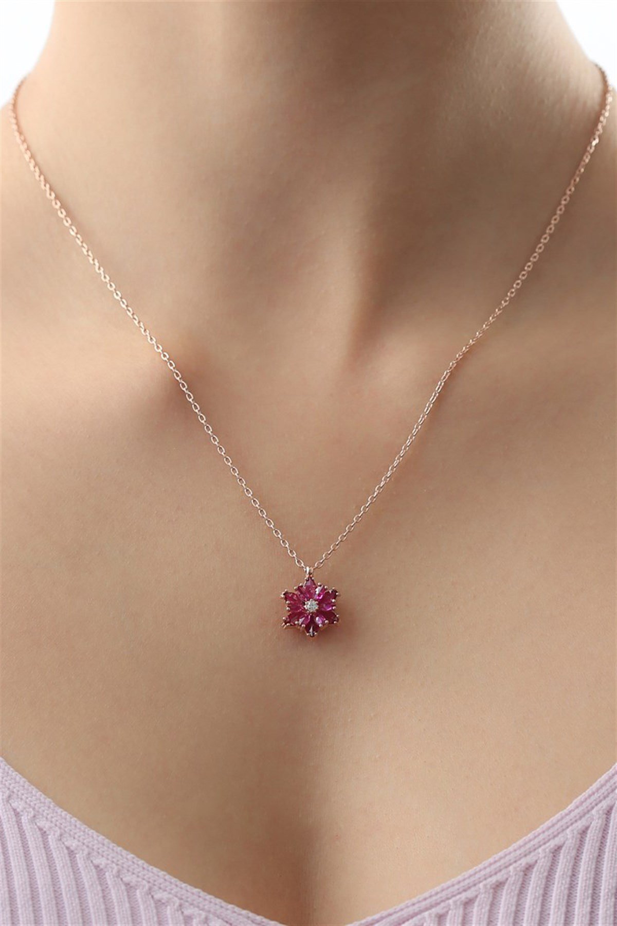 Gümüş Pembe Taşlı Lotus Çiçeği Kolye