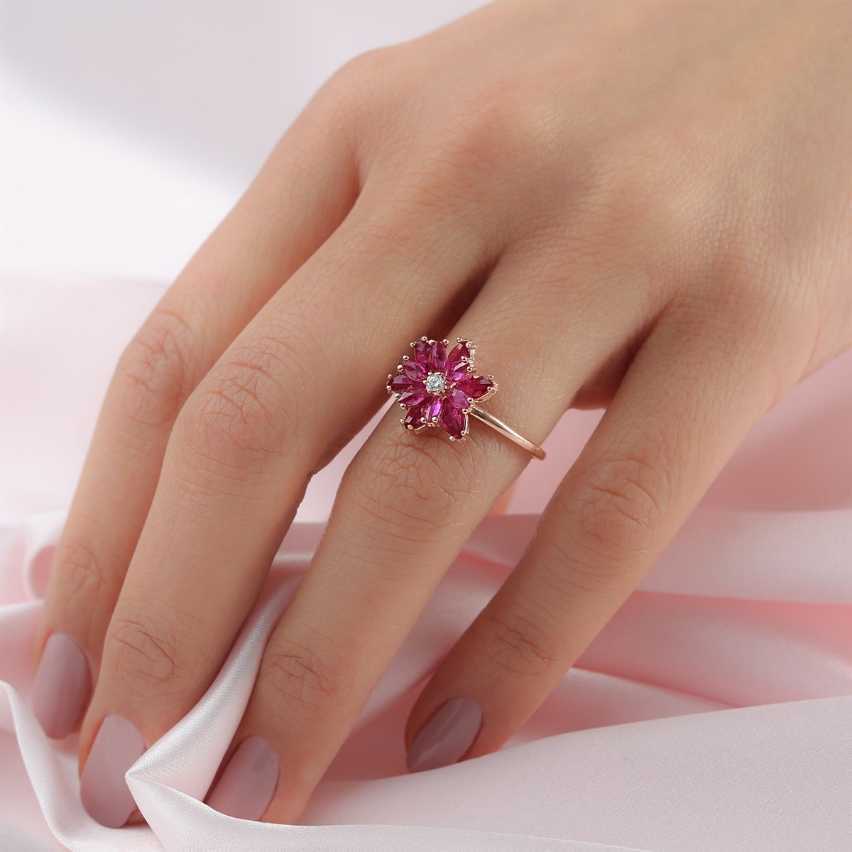 Gümüş Pembe Taşlı Lotus Çiçeği Kolye Yüzük Mini Set