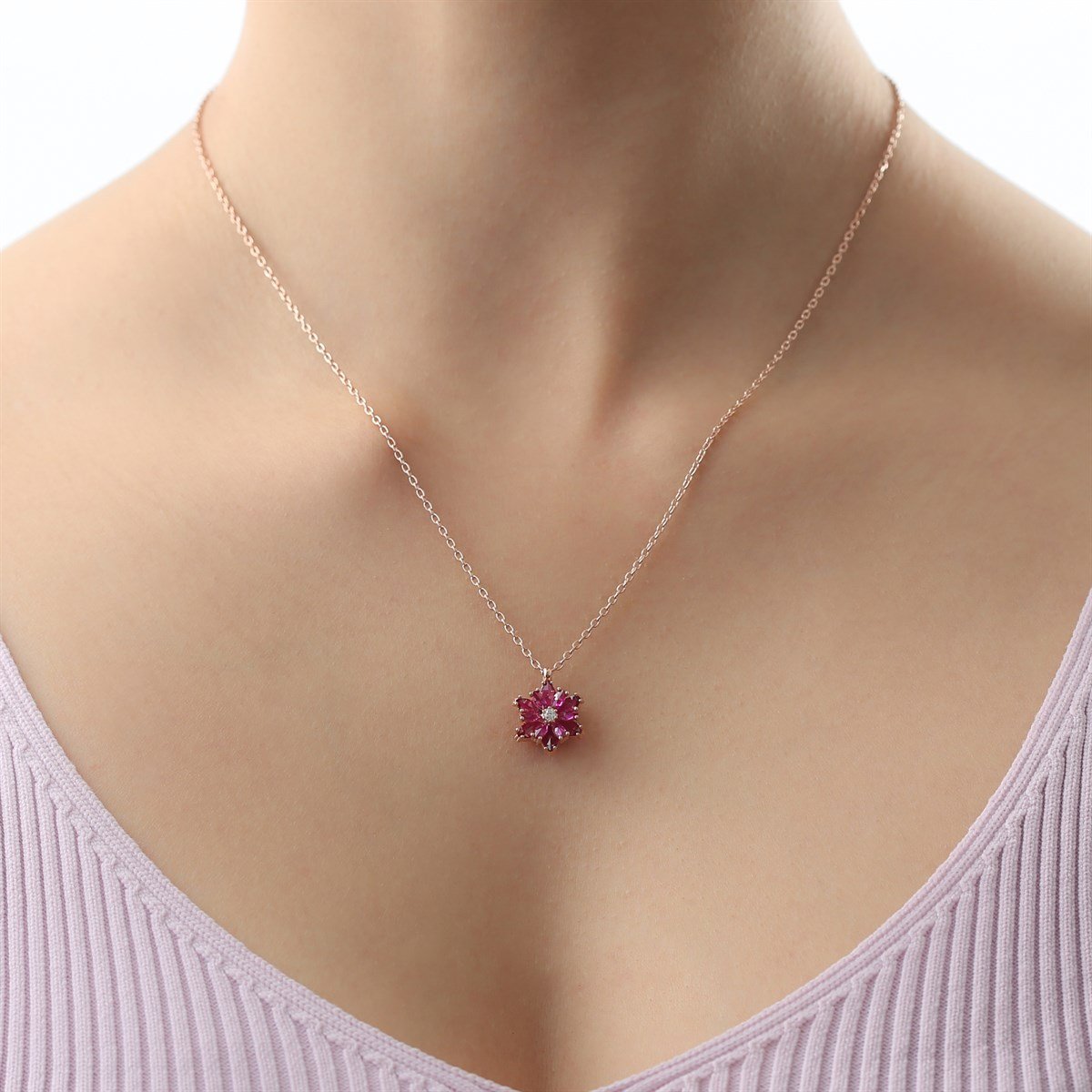 Gümüş Pembe Taşlı Lotus Çiçeği Kolye Yüzük Mini Set
