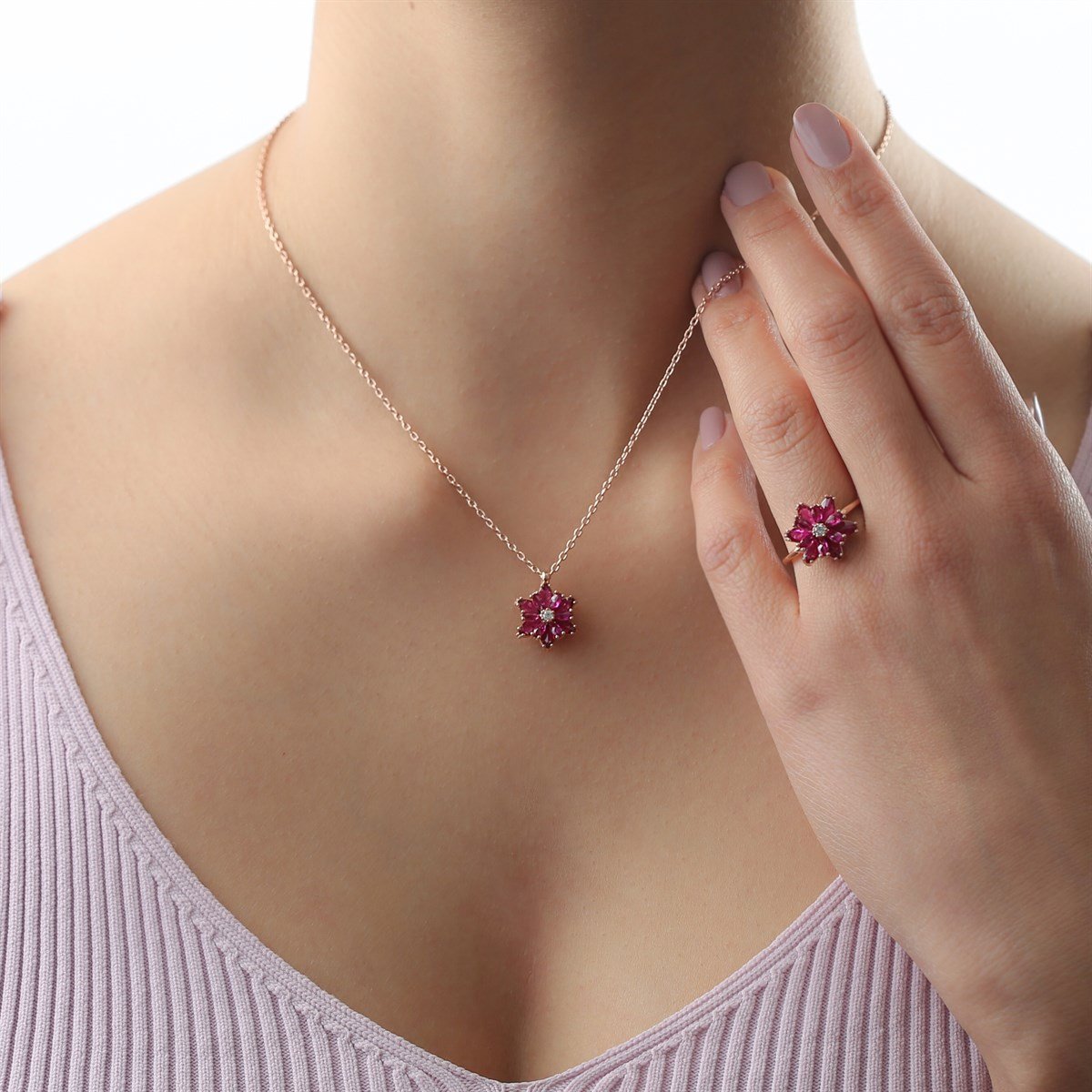 Gümüş Pembe Taşlı Lotus Çiçeği Kolye Yüzük Mini Set