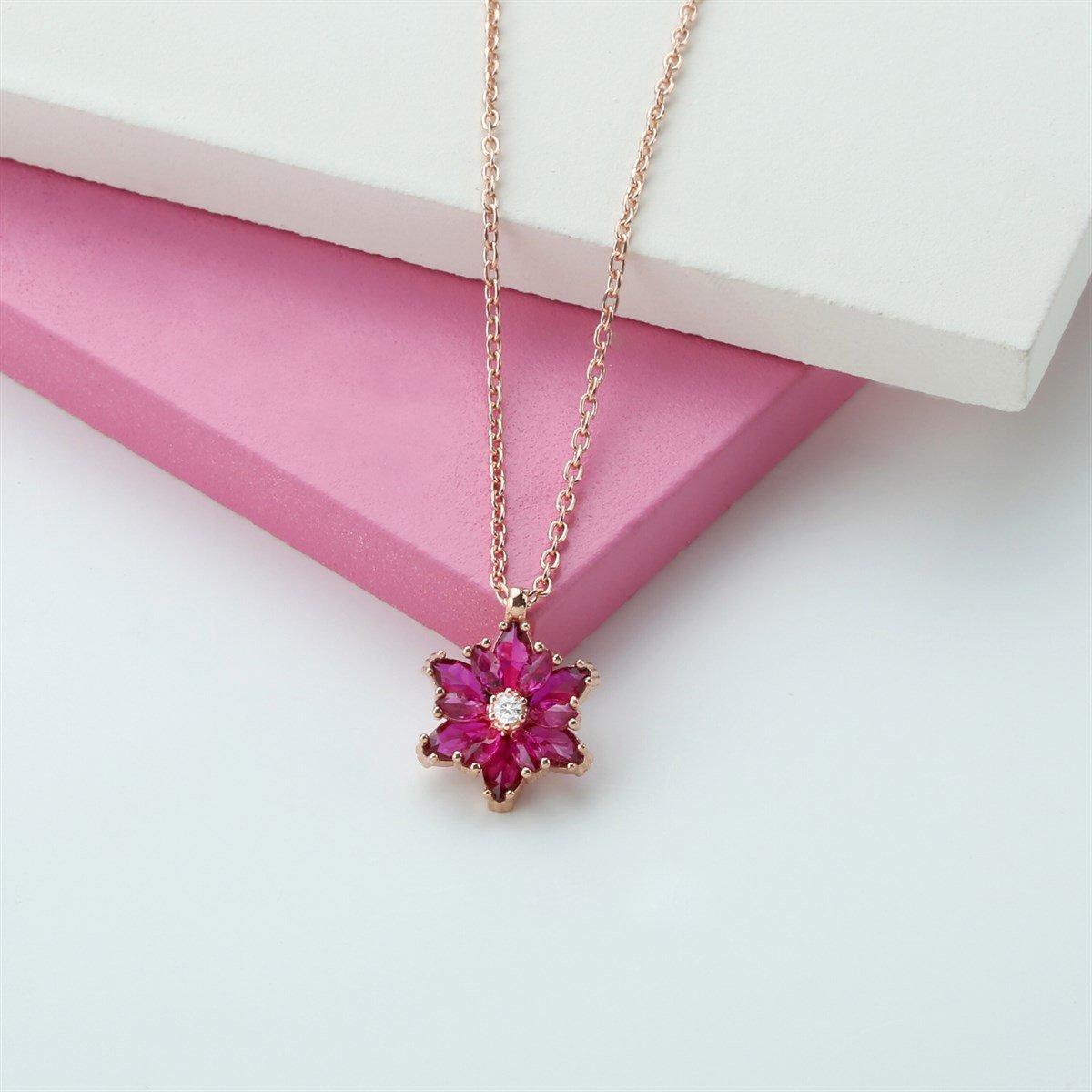 Gümüş Pembe Taşlı Lotus Çiçeği Kolye Yüzük Mini Set