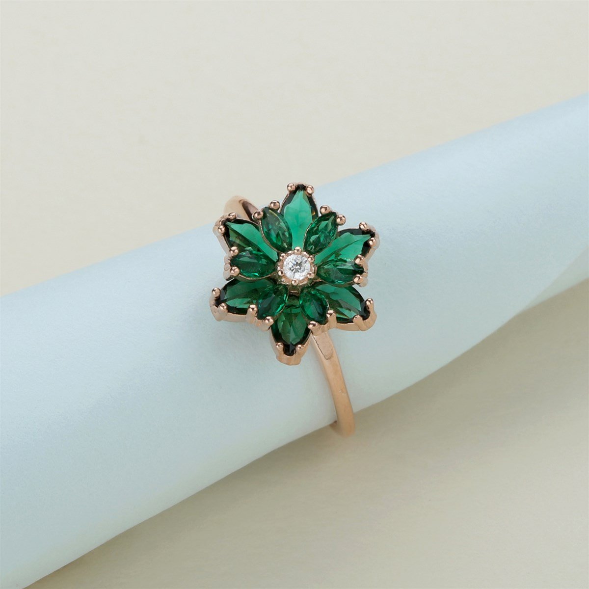 Gümüş Yeşil Taşlı Lotus Çiçeği Kolye Yüzük Mini Set