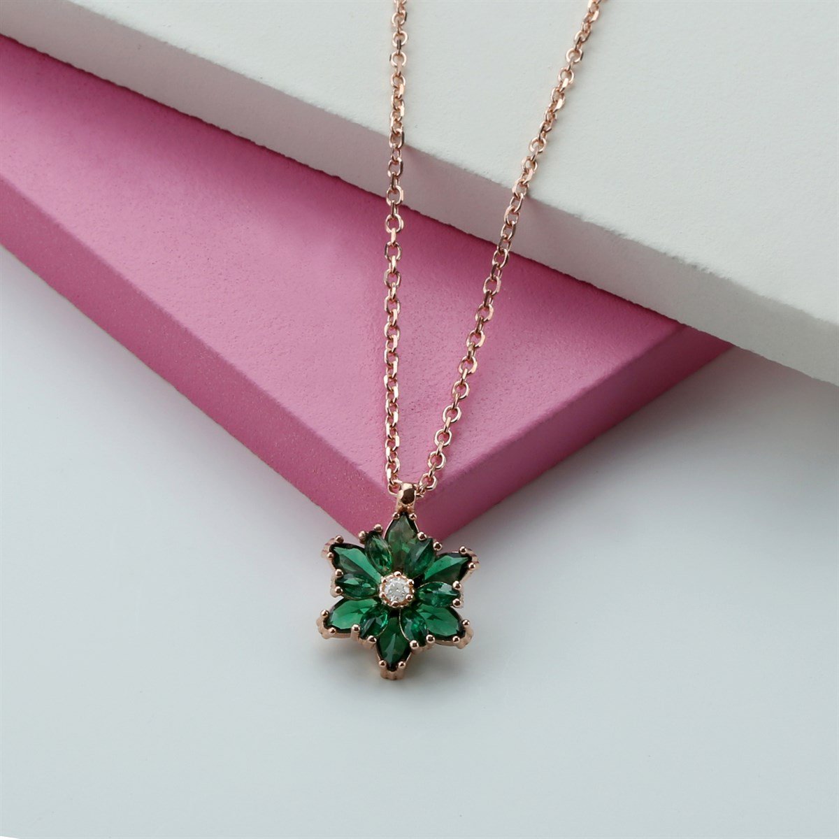 Gümüş Yeşil Taşlı Lotus Çiçeği Kolye Yüzük Mini Set
