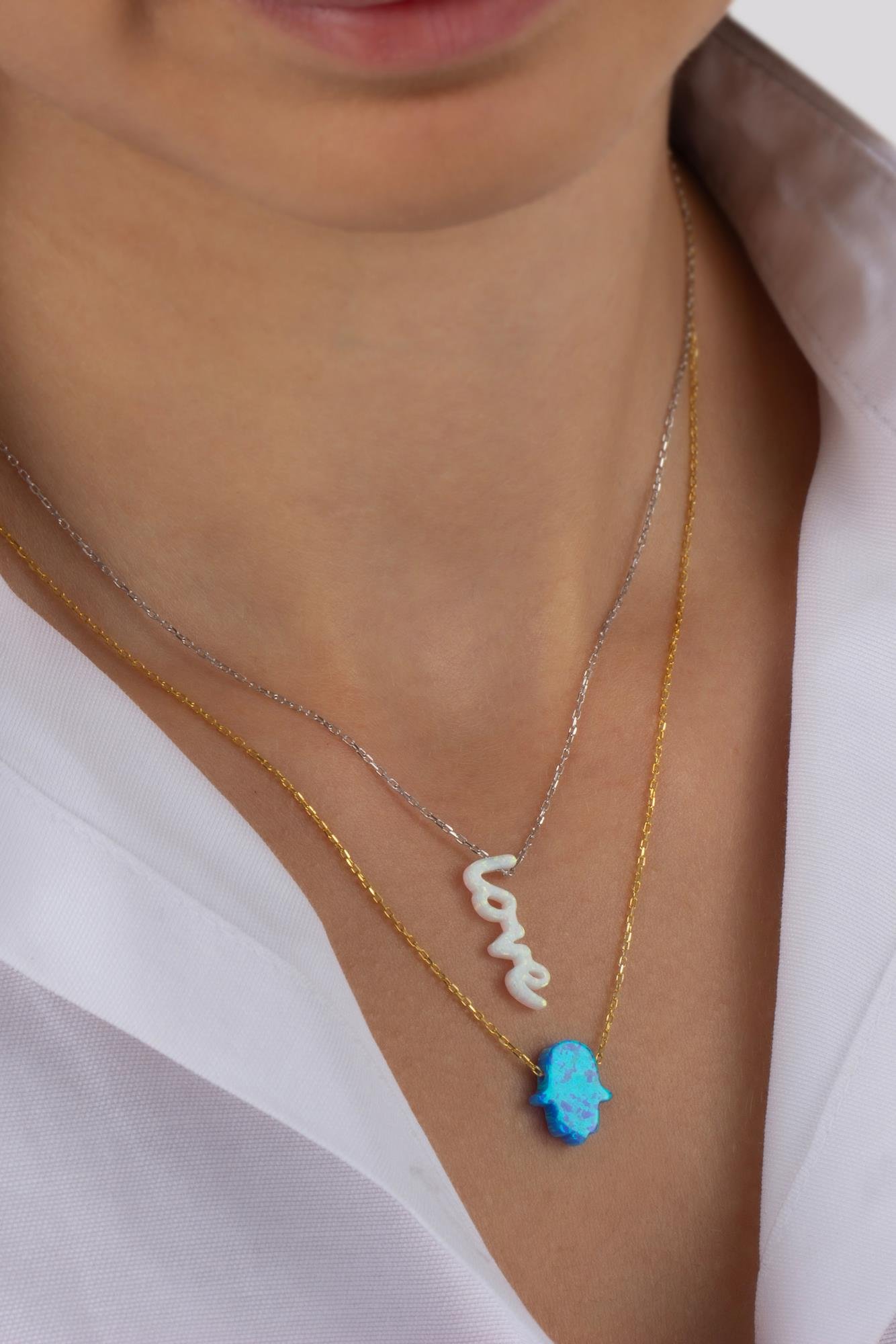 Kadın 925 Ayar Gümüş Opal Taşlı Love Kolye