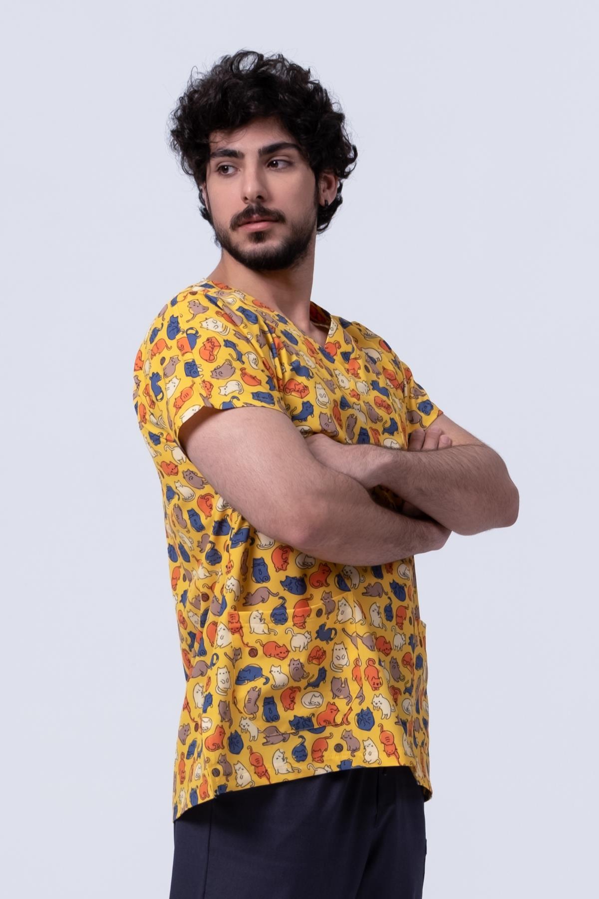 PIOSPios Renkli Kedilerim Desenli Erkek Scrubs