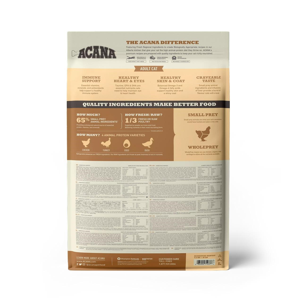 Acana Homestead Harvest Yüksek Proteinli Tavuklu ve Hindili Yetişkin Kedi Maması 4,5 Kg