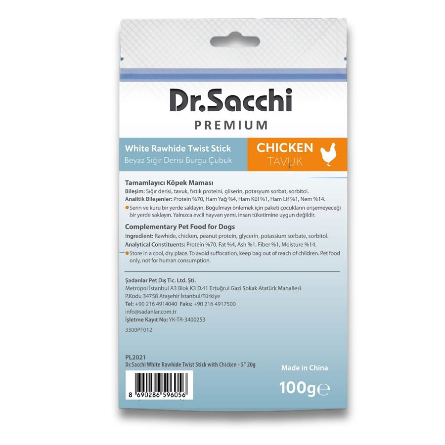 Dr.Sacchi Premium Tavuklu Beyaz Sığır Derisi Burgu Çubuk Tahılsız Köpek Ödülü 5'' 5'li 100 Gr