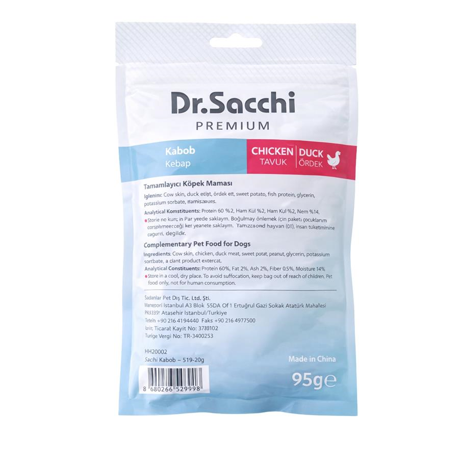Dr.Sacchi Premium Tavuklu ve Ördekli Kebap Tahılsız Köpek Ödülü 5'' 5'li 95 Gr