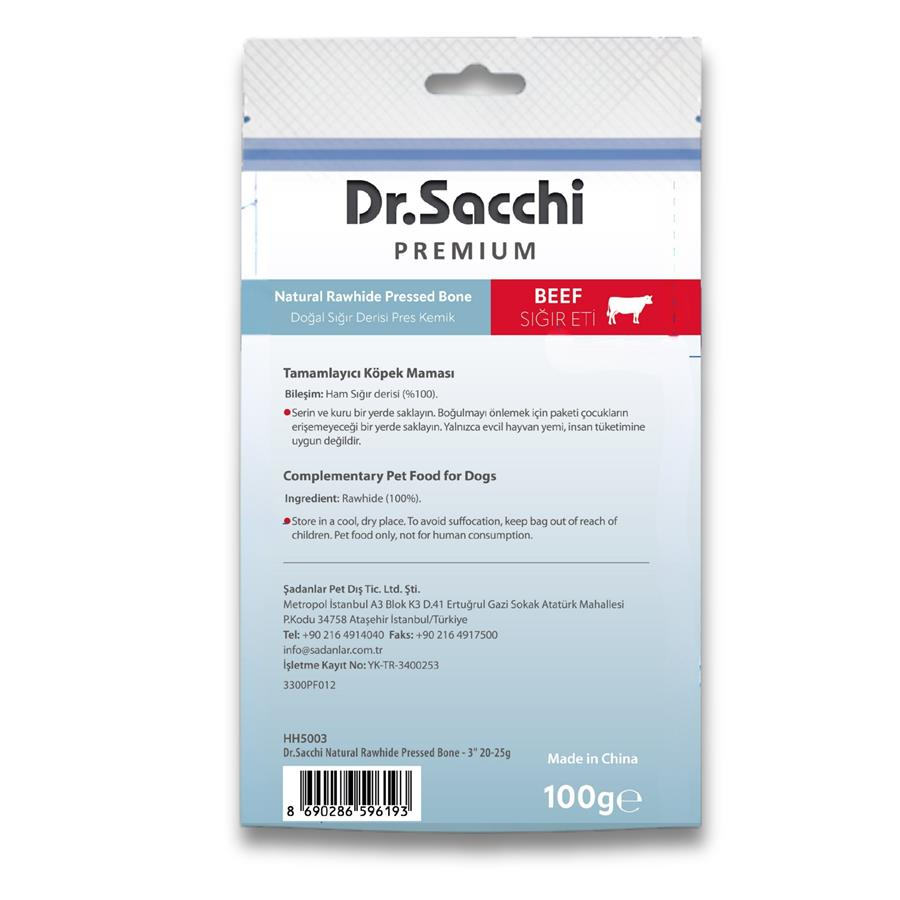Dr.Sacchi Premium Sığır Etli Doğal Sığır Derisi Press Kemik Tahılsız Köpek Ödülü 3'' 5'li 100 Gr