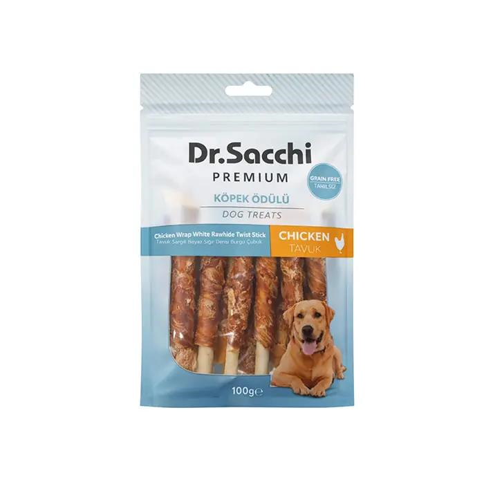 Dr.Sacchi Premium Tavuk Sargılı Beyaz Sığır Derili Burgu Çubuk Tahılsız Köpek Ödülü 10lu 100 Gr