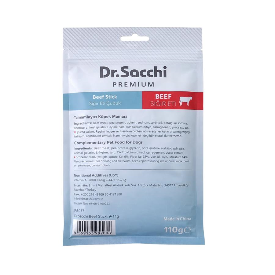 Dr.Sacchi Premium Sığır Etli Çubuk Tahılsız Köpek Ödülü 5'' 10'lu 100 Gr