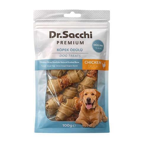 Dr.Sacchi Premium Tavuk Sargılı Doğal Düğüm Kemik Tahılsız Köpek Ödülü 2'' (8'li) 100 Gr
