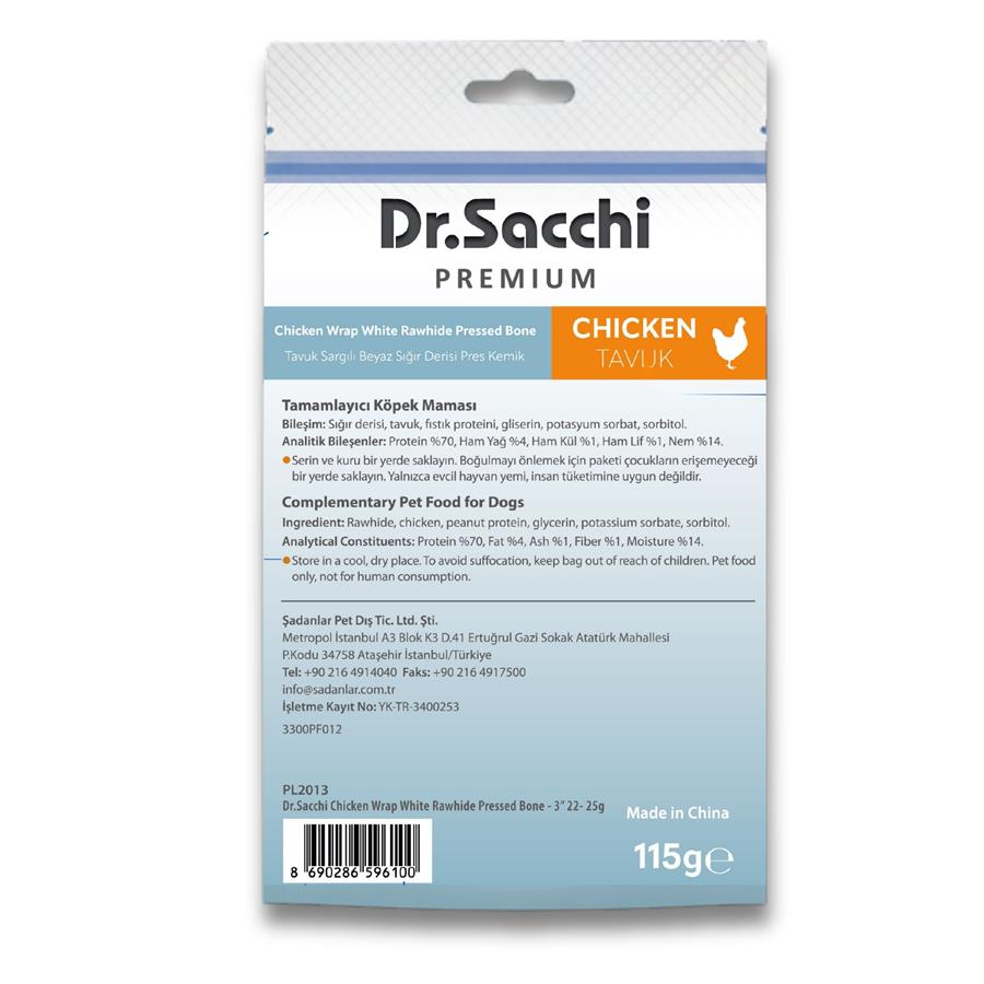 Dr.Sacchi Premium Tavuk Sargılı Beyaz Sığır Derisi Pres Kemik Tahılsız Köpek Ödülü 3” 5'li 115 Gr