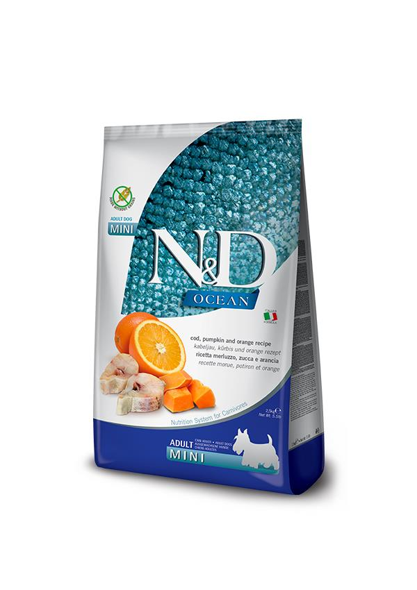N&D Ocean Bal Kabaklı Morina Balıklı ve Portakallı Küçük Irk Tahılsız Yetişkin Köpek Maması 2,5 Kg