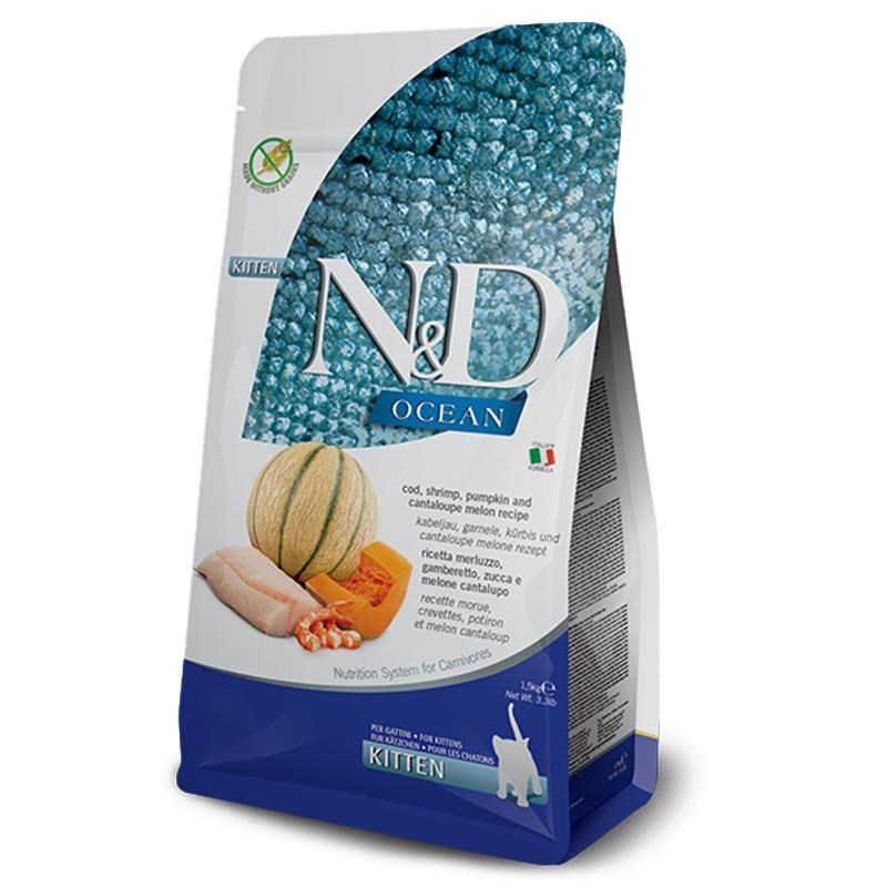 N&D Ocean Morina Balıklı Bal Kabaklı Karidesli ve Kavunlu Tahılsız Yavru Kedi Maması 5 Kg