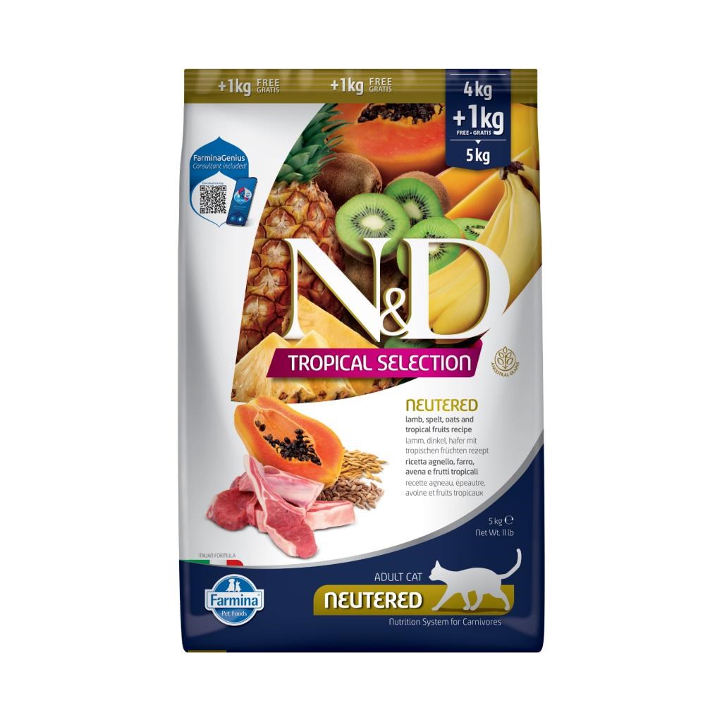 N&D Tropical Selection Kuzu Etli ve Tropikal Meyveli Kısırlaştırılmış Kedi Maması 4 Kg + 1 Kg Hediye!