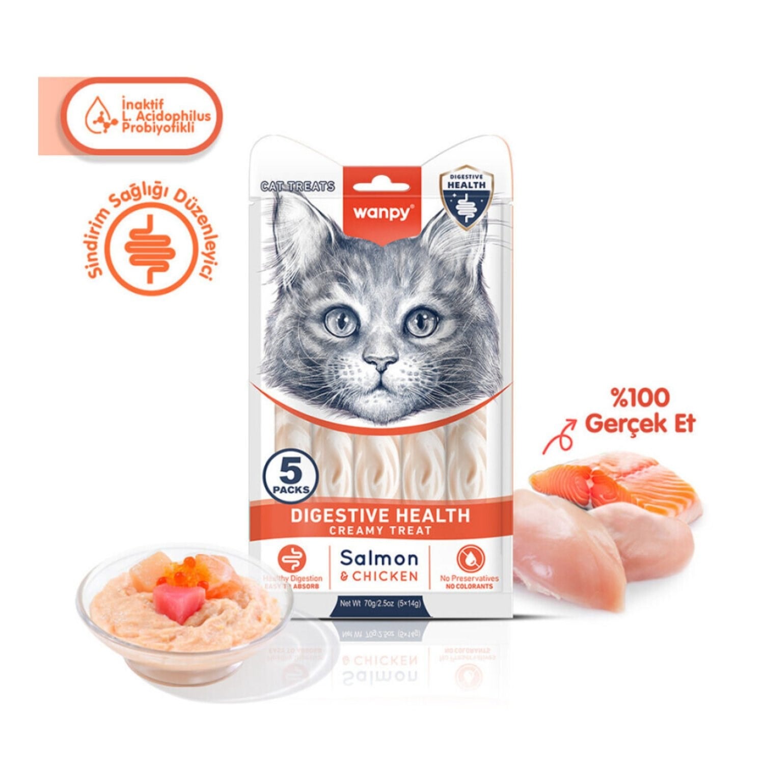 Wanpy Digestive Health Somonlu ve Tavuklu Sindirim Desteği Krema Kedi Ödül Maması 14 Gr (5'li)