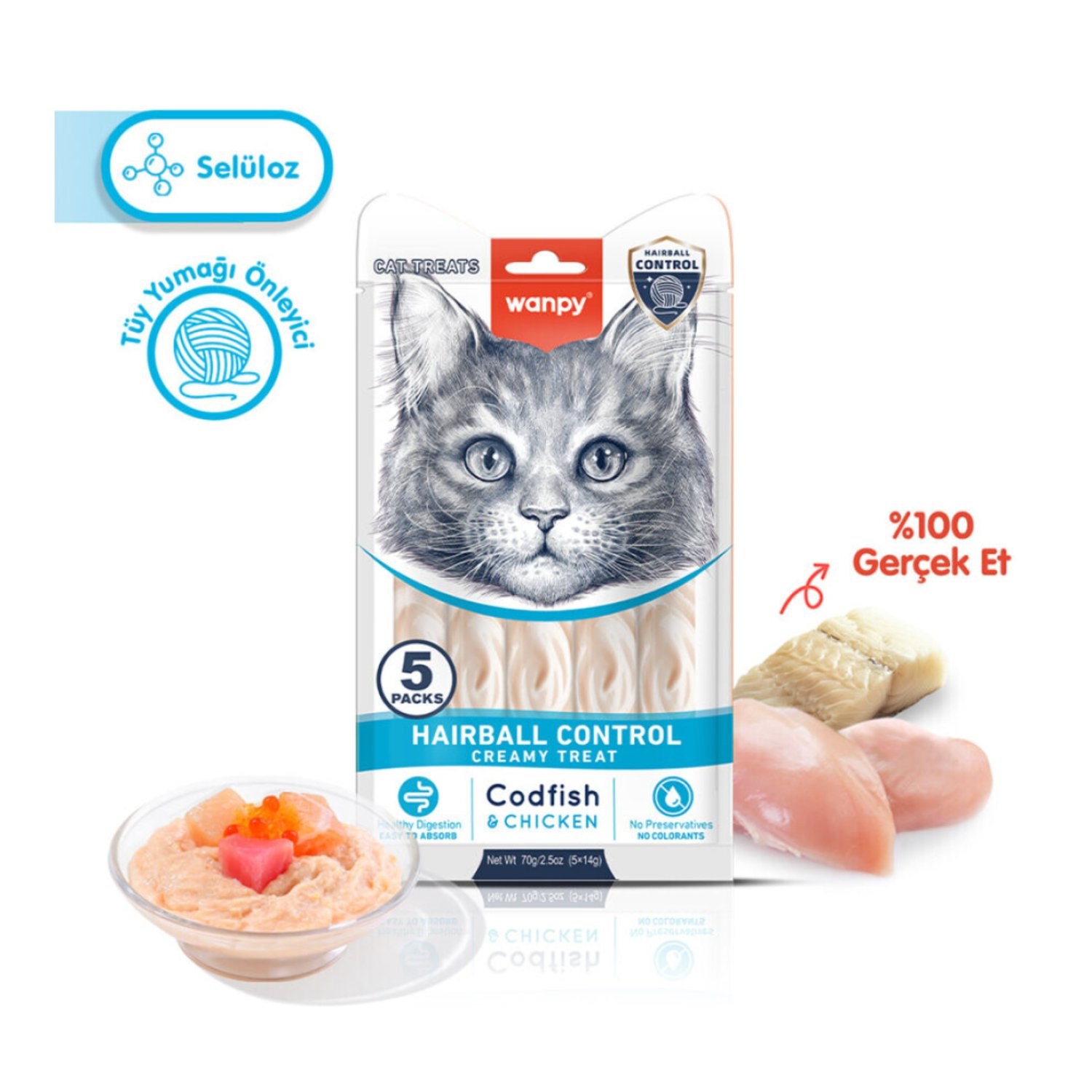 Wanpy Hairball Control Morinalı ve Tavuklu Tüy Yumağı Önleyici Krema Kedi Ödül Maması 14 Gr (5'li)