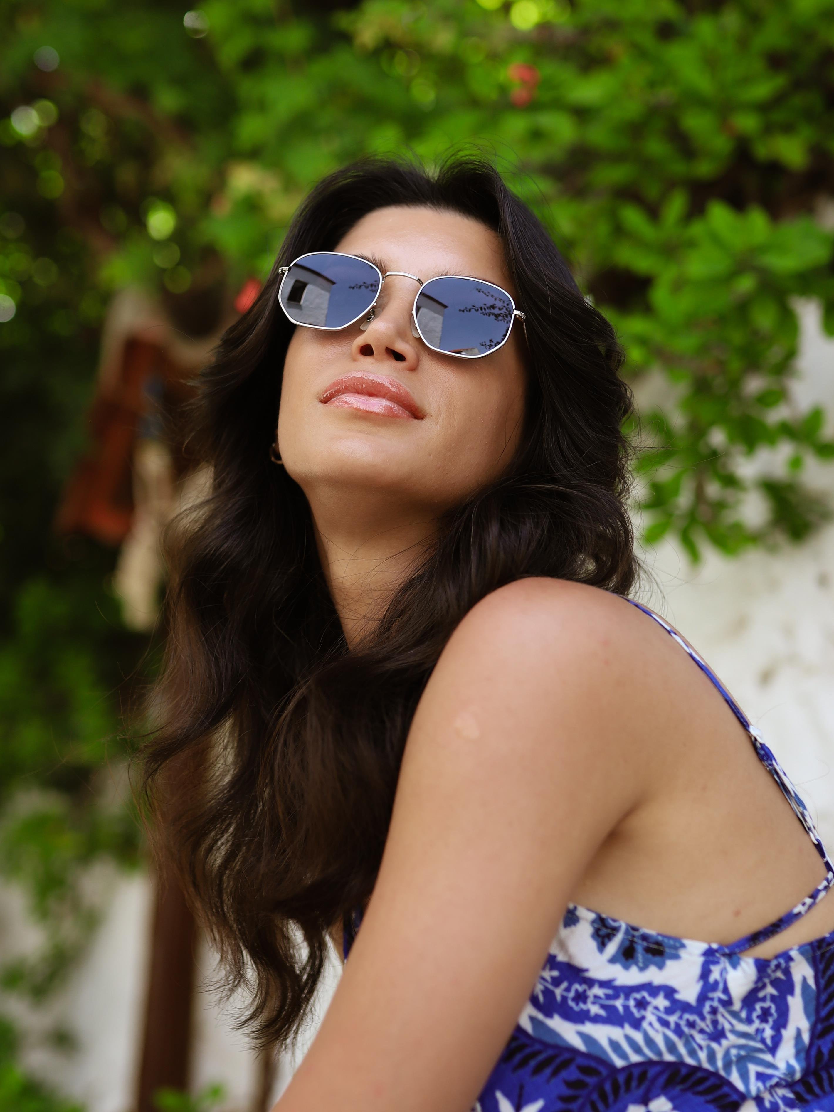 Beşgen Gümüş Çerçeve Siyah Polarize Cam Unisex Güneş Gözlüğü