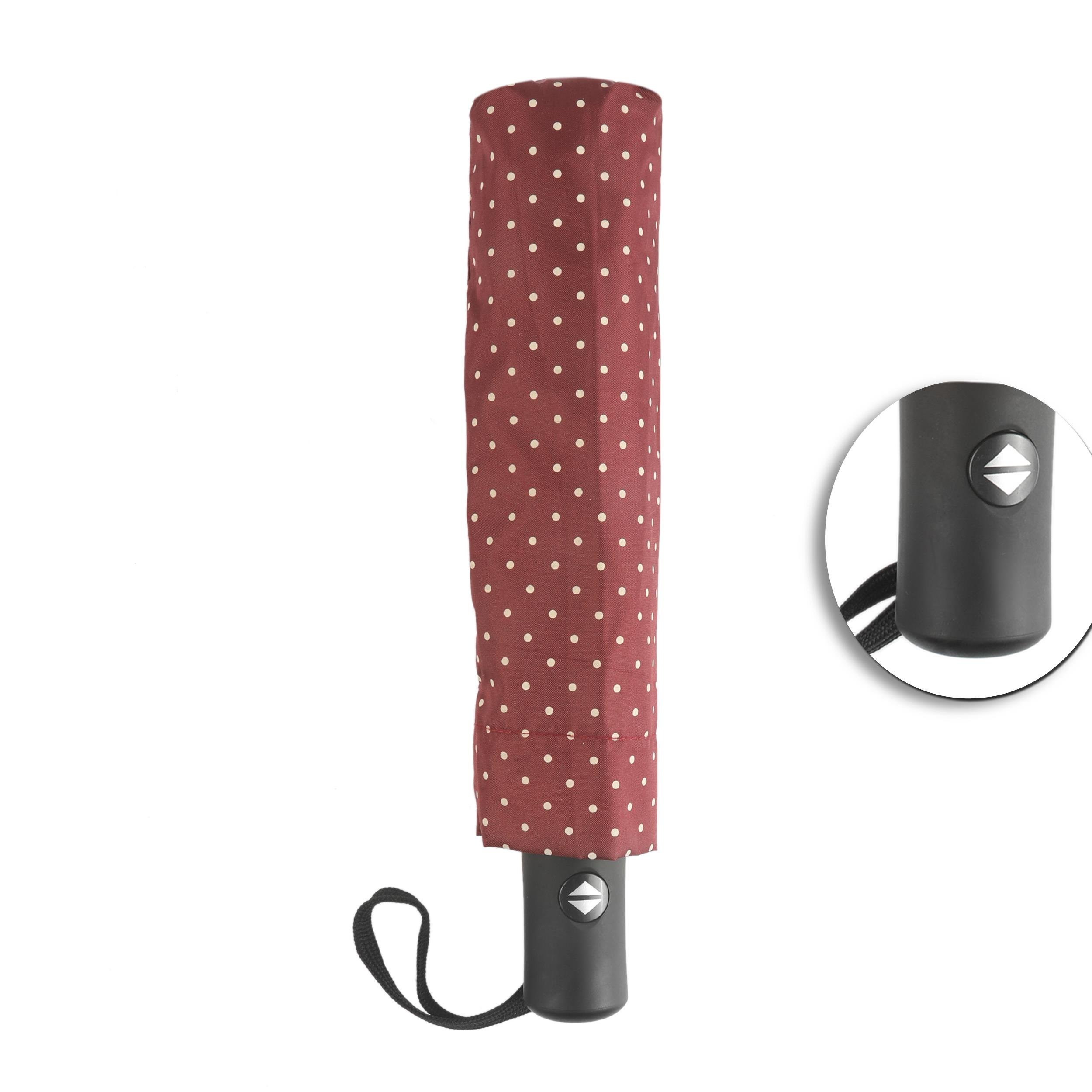 Beyaz Bordo Puantiyeli Fiber Telli Rüzgara Dayanıklı Tam Otomatik Şemsiye 8 Telli