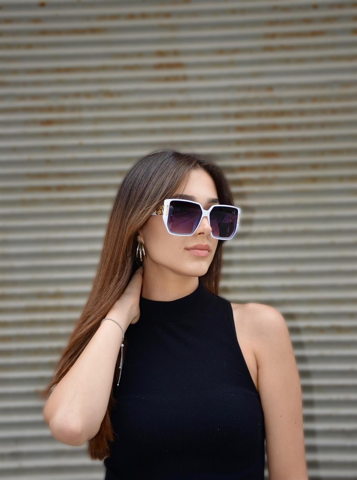 Dikdörtgen Beyaz Çerçeveli Unisex Güneş Gözlüğü YW-8366C8