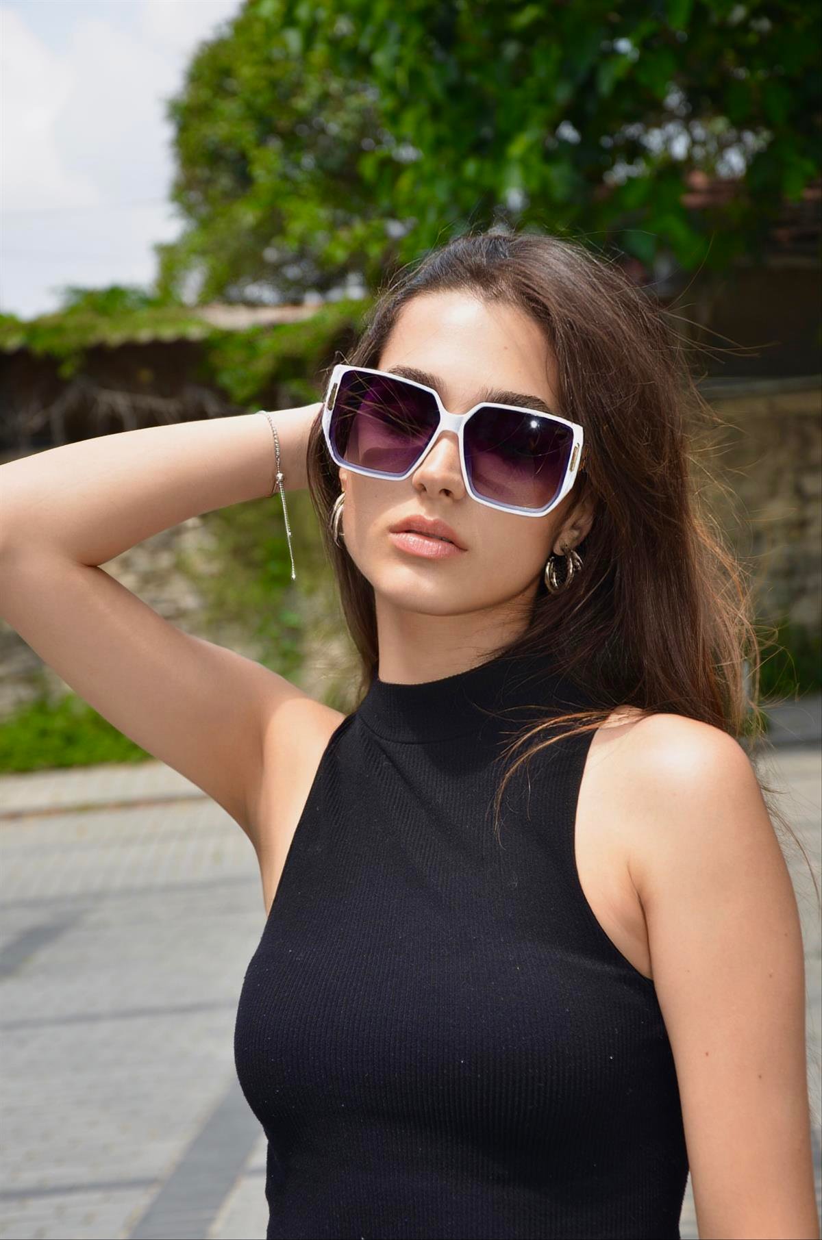 Dikdörtgen Beyaz Çerçeveli Unisex Güneş Gözlüğü YW-8366C8