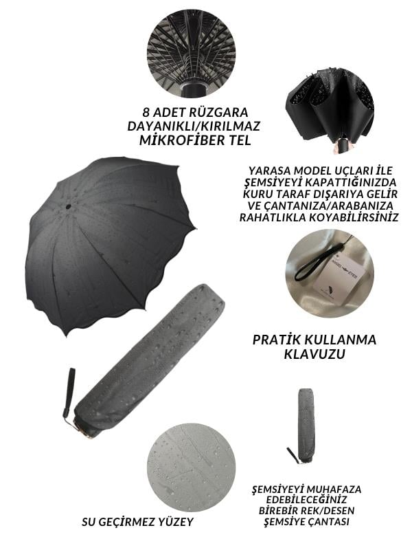 K.Atatürk Desenli Siyah Yarı Otomatik Açılır Yarasa Şemsiye 8 TELLİ