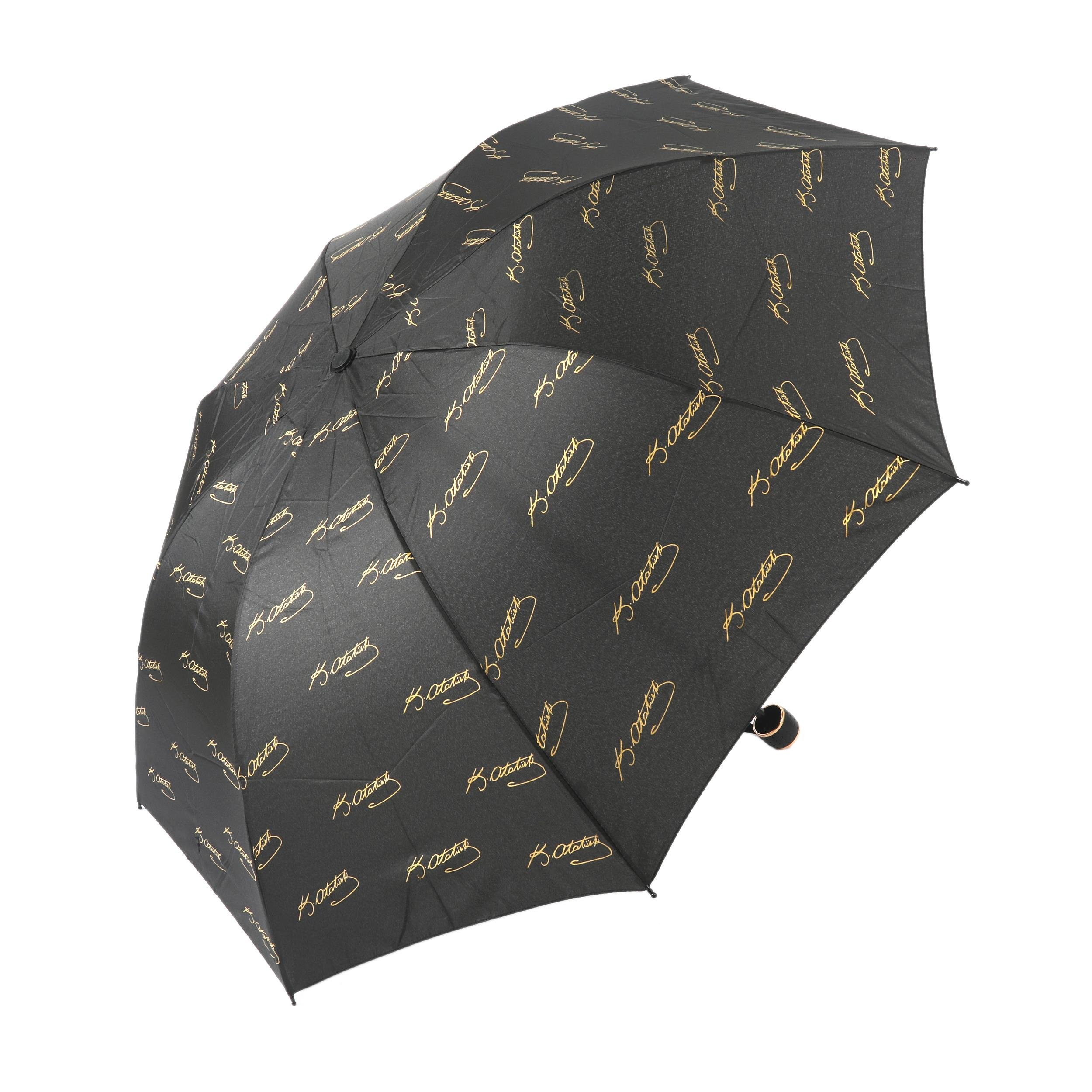 K.Atatürk Desenli Siyah Yarı Otomatik Açılır Yarasa Şemsiye 8 TELLİ