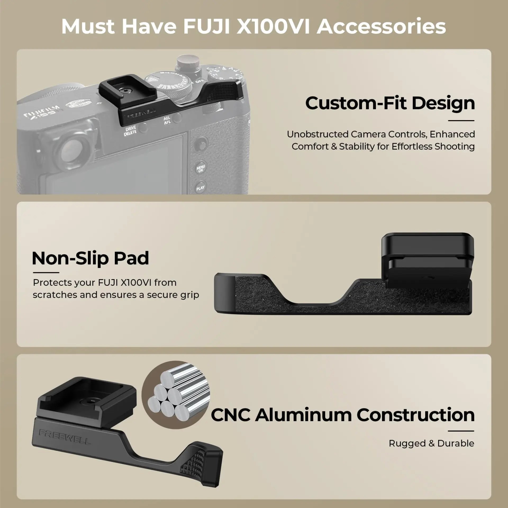 Freewell Fuji X100VI Thumb Grip with Cold Shoe Mount Siyah