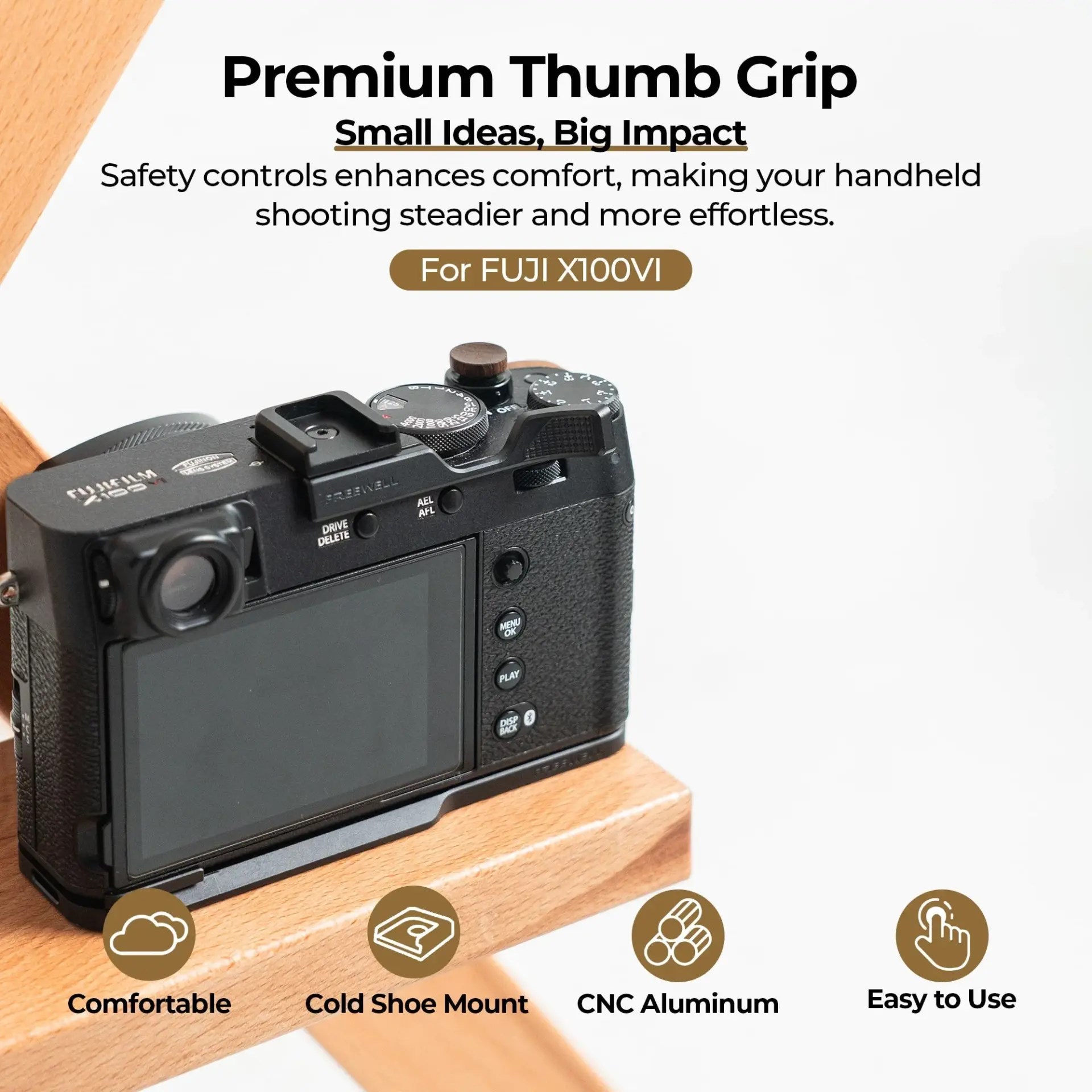 Freewell Fuji X100VI Thumb Grip with Cold Shoe Mount Siyah