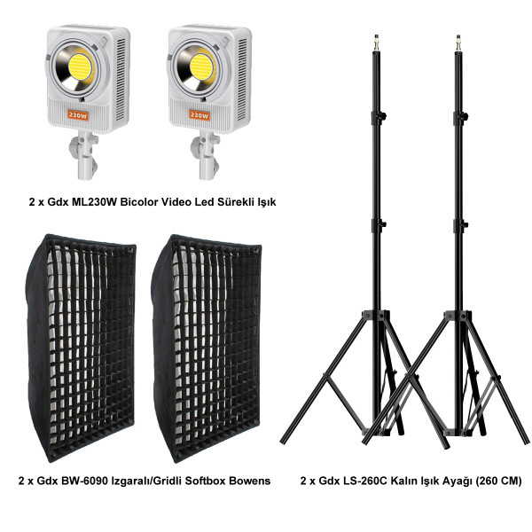 Gdx ML230W Bicolor Video ve Fotoğraf 60x90 Gridli Softbox İkili Sürekli Işık Seti