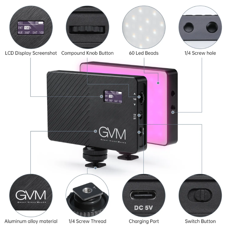 GVM 8RS RGB Kamera Üstü Dahili Akülü Mobil Led Işık (11x7cm)