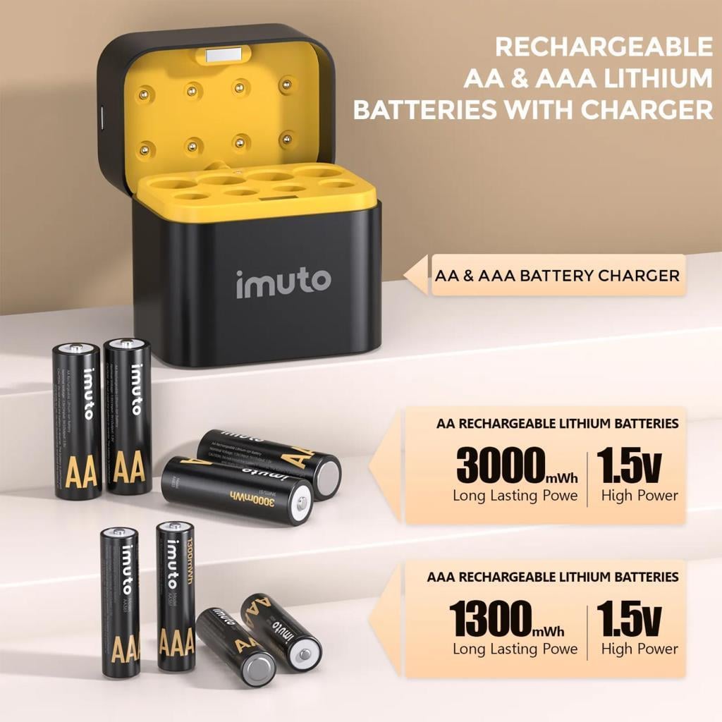 Imuto 3000mWh AA & 1300mWh AAA Lityum Şarjlı Pil Seti (4+4) Yuvalı Şarj Ünitesi