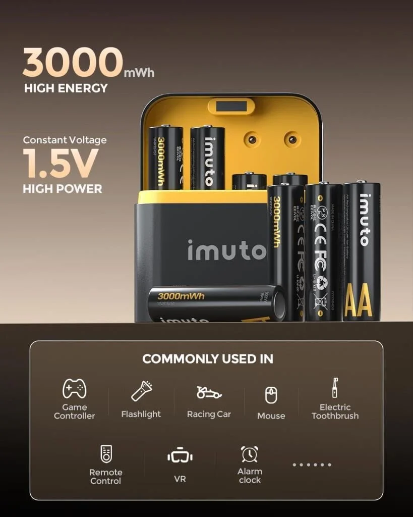 Imuto 3000mWh AA & 1300mWh AAA Lityum Şarjlı Pil Seti (4+4) Yuvalı Şarj Ünitesi