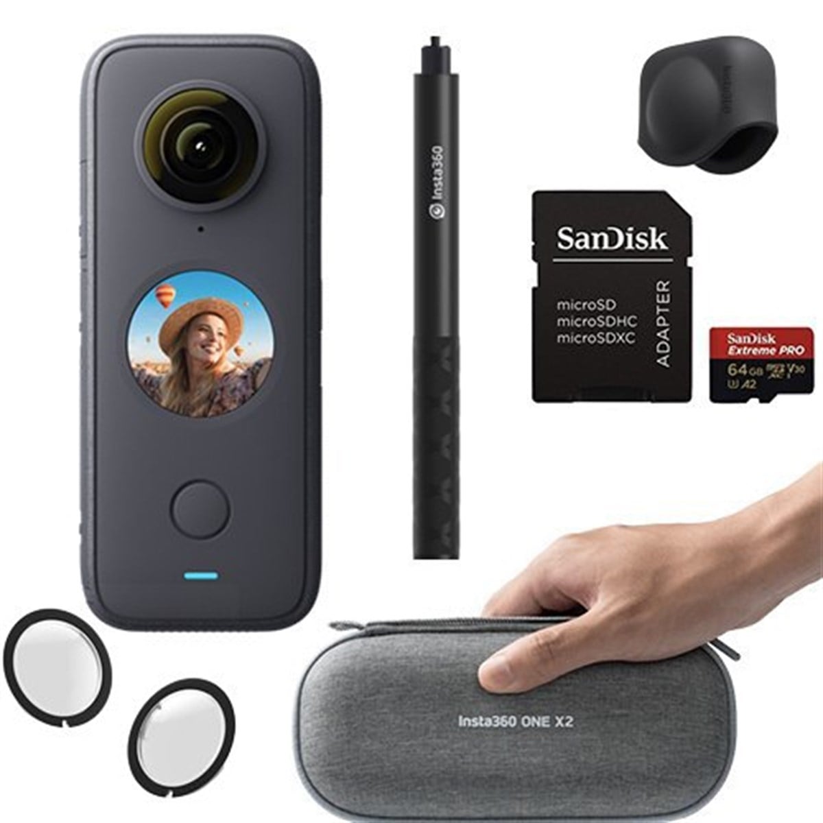 Insta360 One X2 & Invisible Stick + Lens Guard ve Cap & Sandisk 64gb Hafıza Kartı & Çanta