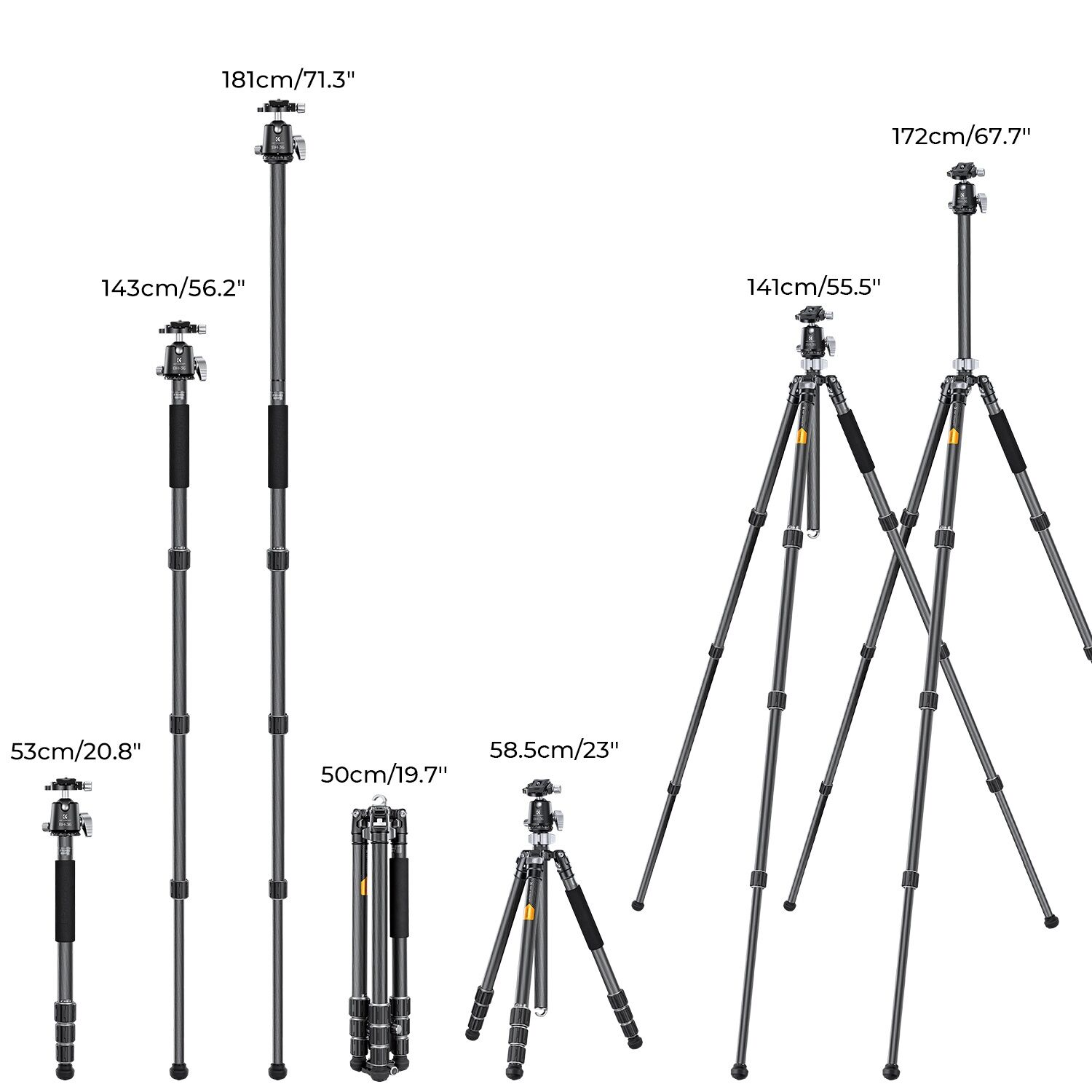 K&F Concept 172cm X Serisi Karbon Fiber Kamera Tripodu (36mm Metal Ball Head, Arca-Swiss, 16kg Taşıma) (X284C4+BH-36)
