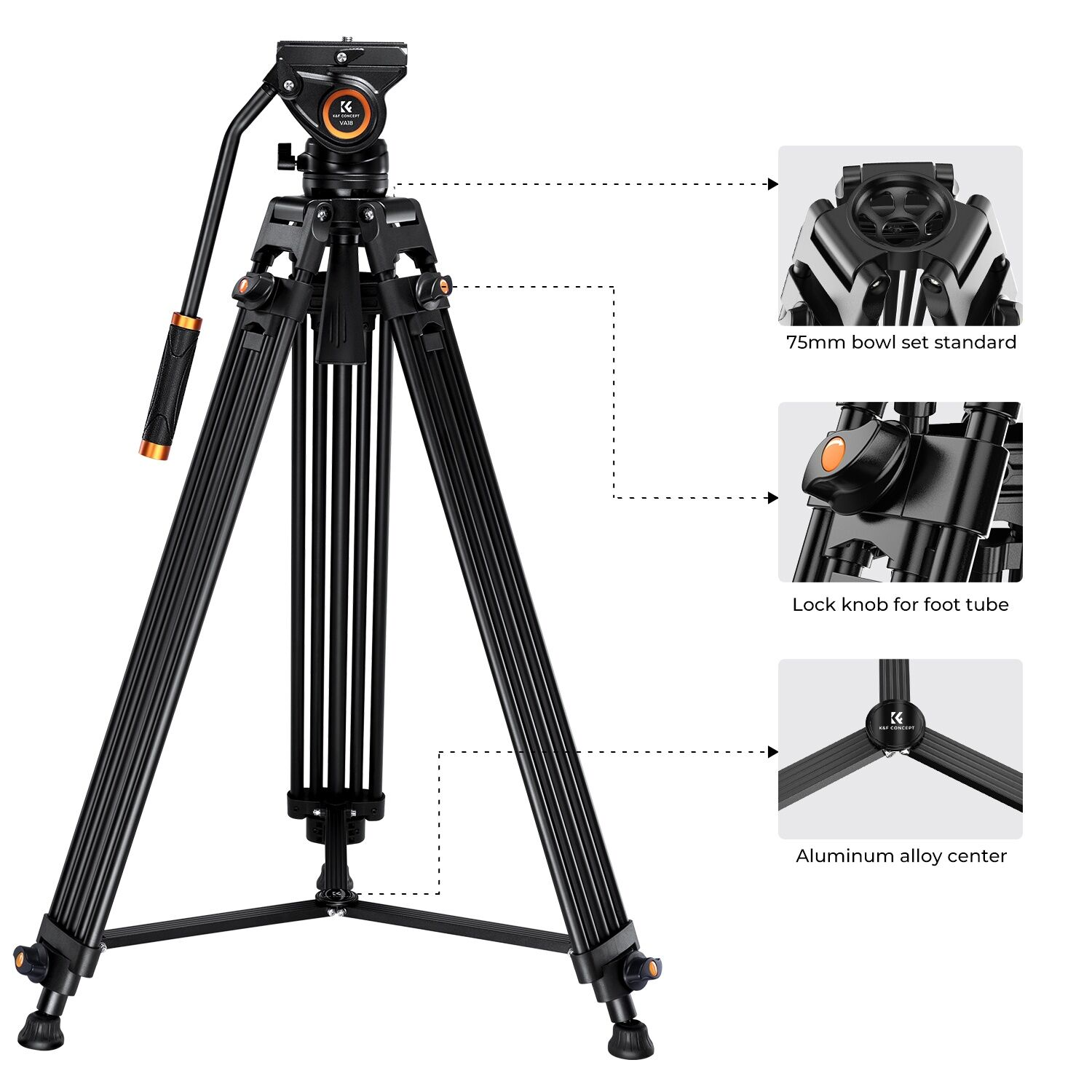 K&F Concept 183cm Profesyonel Ağır Hizmet Video Tripodu, Hidrolik Fluid Kafa (8kg Taşıma) (VA18+VH081)