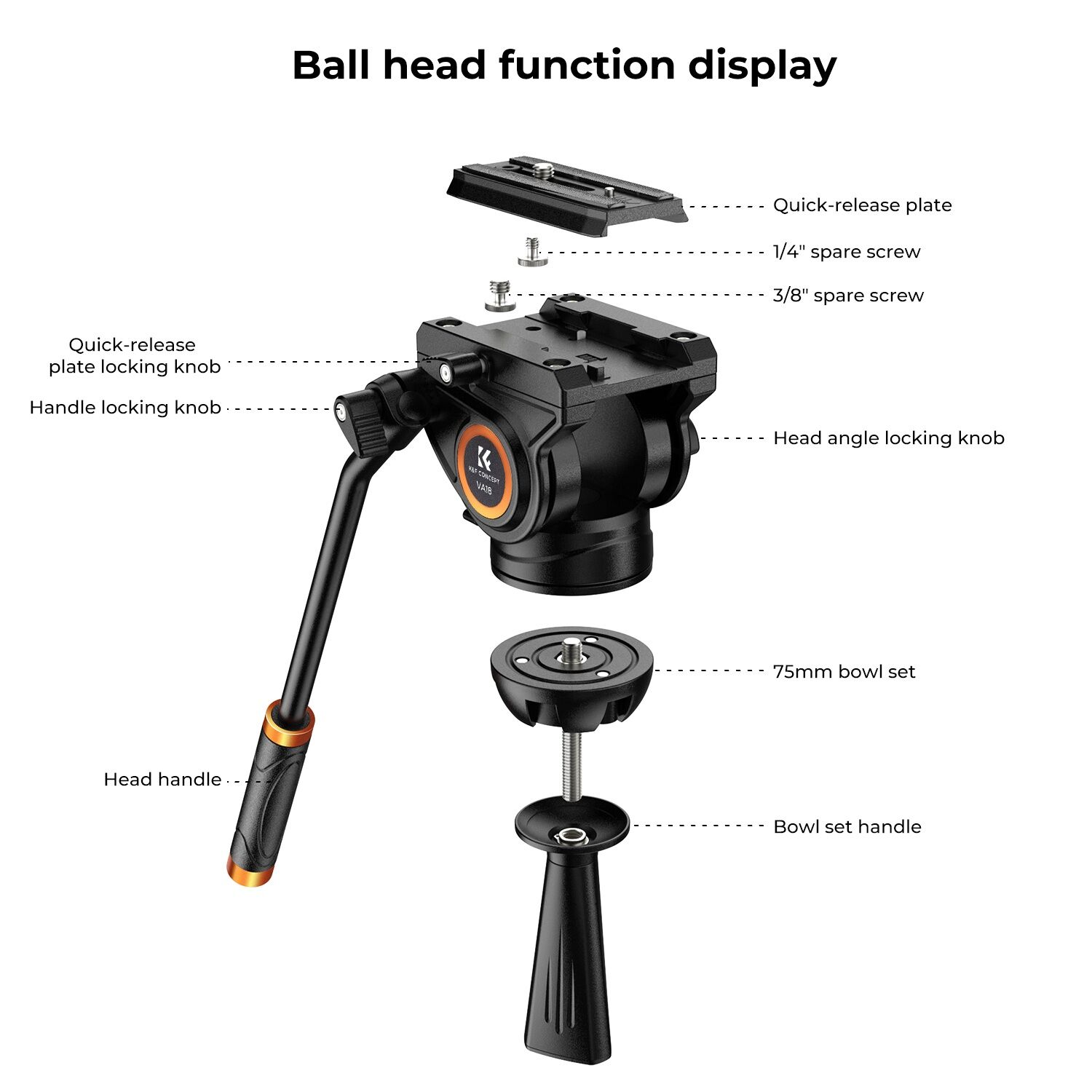 K&F Concept 183cm Profesyonel Ağır Hizmet Video Tripodu, Hidrolik Fluid Kafa (8kg Taşıma) (VA18+VH081)