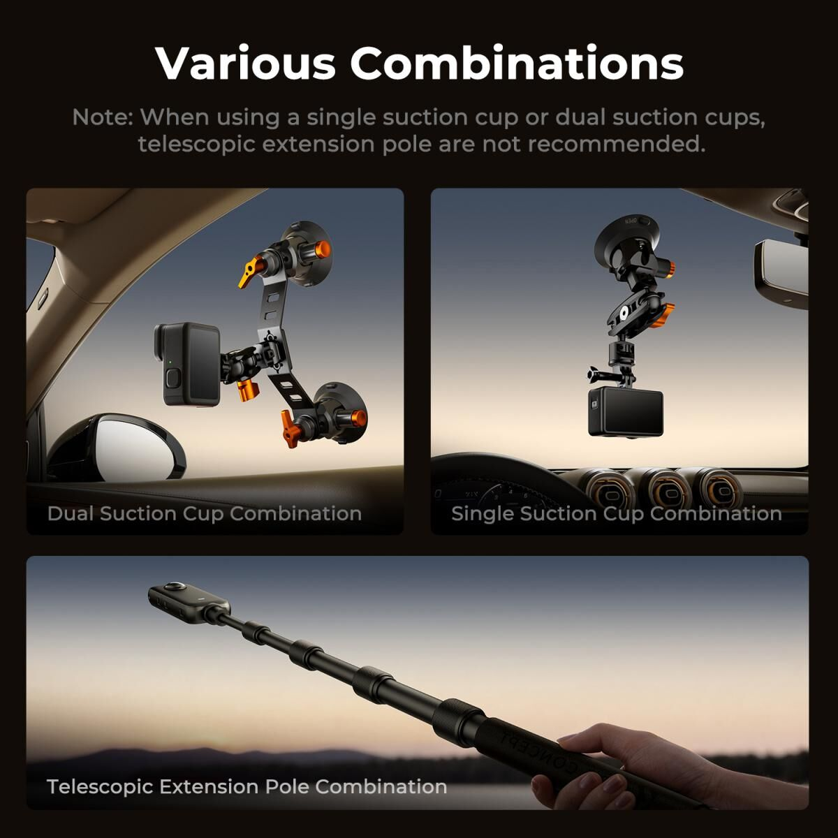 K&F Concept 3 in 1 Suction Cup Mount Kit + Extension Pole