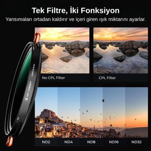 K&F Concept 82 mm ND2-32+CPL Filtre (2'si 1 Arada)
