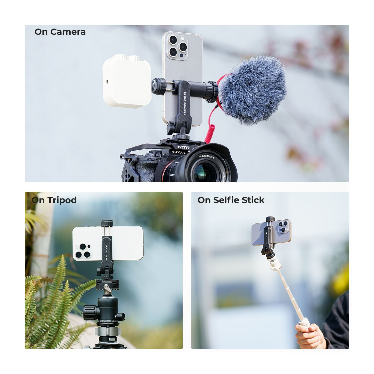 K&F Concept Çift Cold Shoe Girişli 360° Dönebilen Telefon Tutucu Stand / Tripod Başlığı