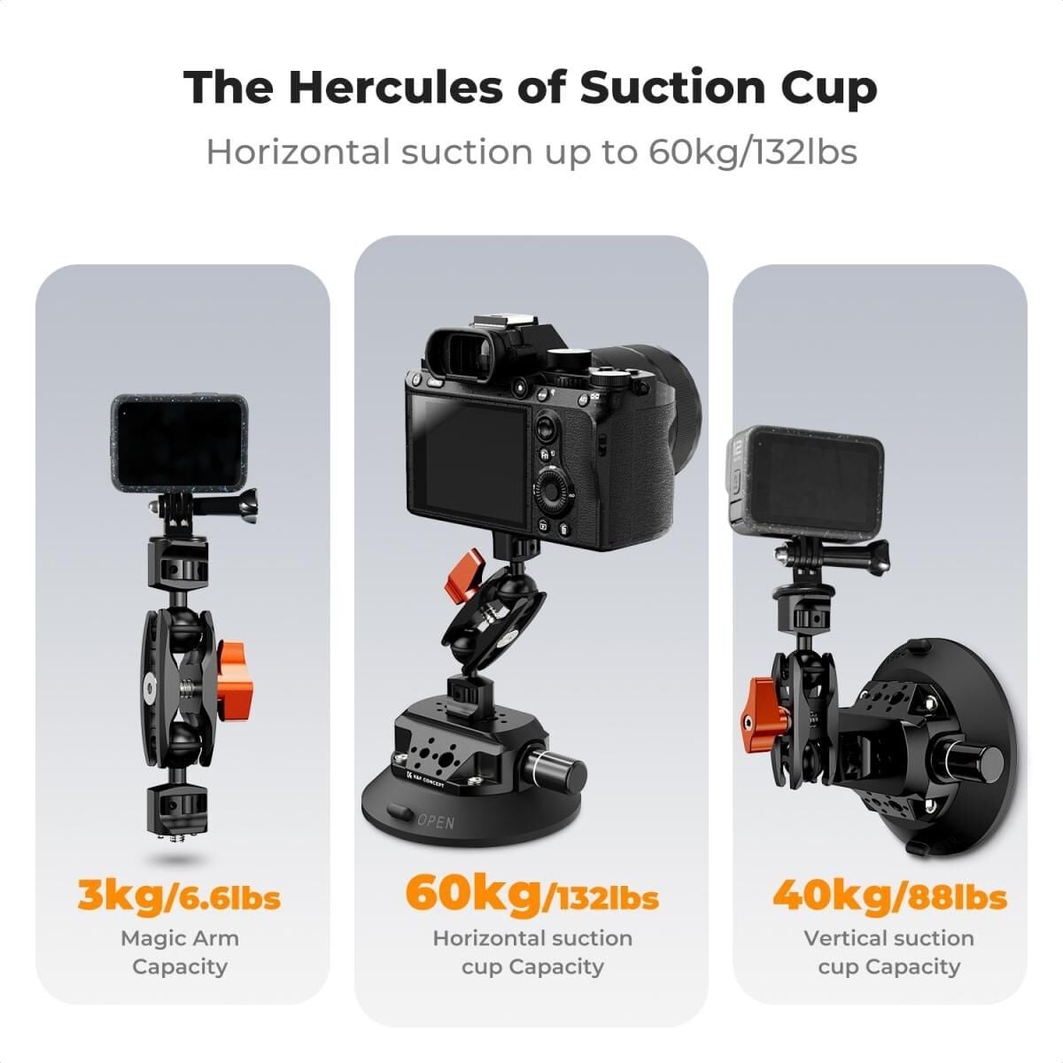 K&F Concept KF31.100 4,5'' Kamera Vantuzu  Sihirli Kol Cep Telefonu Kelepçesi ve GoPro Adaptör ile