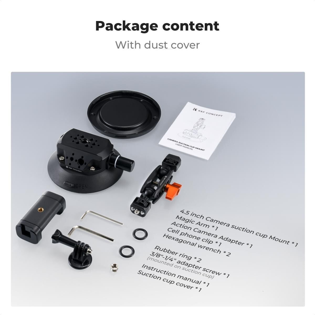 K&F Concept KF31.100 4,5'' Kamera Vantuzu  Sihirli Kol Cep Telefonu Kelepçesi ve GoPro Adaptör ile