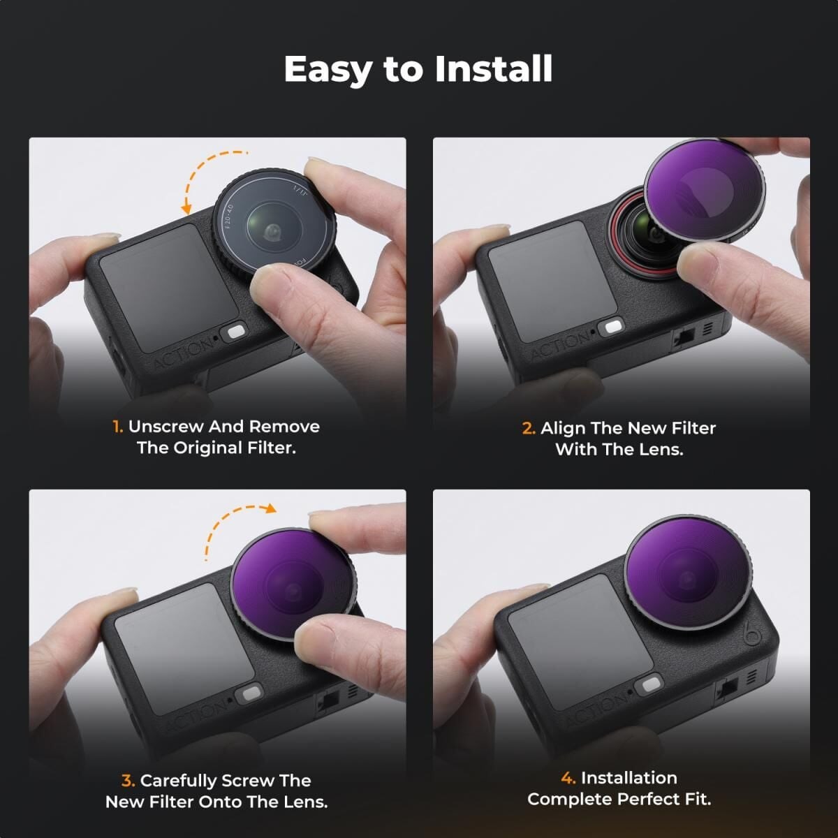 K&F NANO-X ND8 ND16 ND32 ND64 4'lü Filtre Kiti DJI Osmo Action 6 ile uyumlu  Çok Katmanlı Kaplamalı Işık Azaltma Pozlama Kontrolü Optik Cam Filtreler