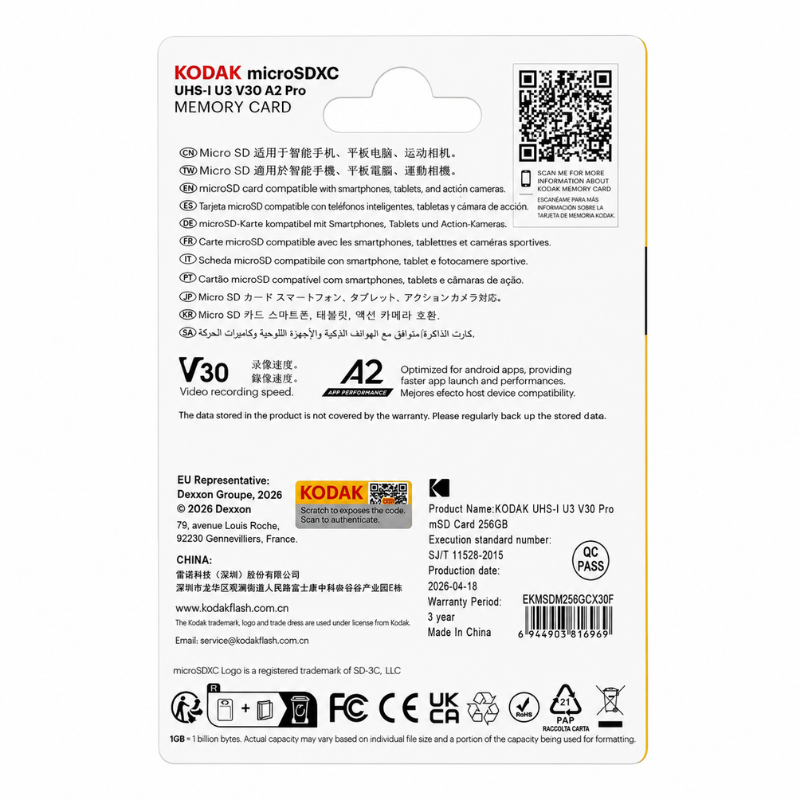KODAK 256GB UHS-I U3 V30PRO Micro SD Hafıza Kartı