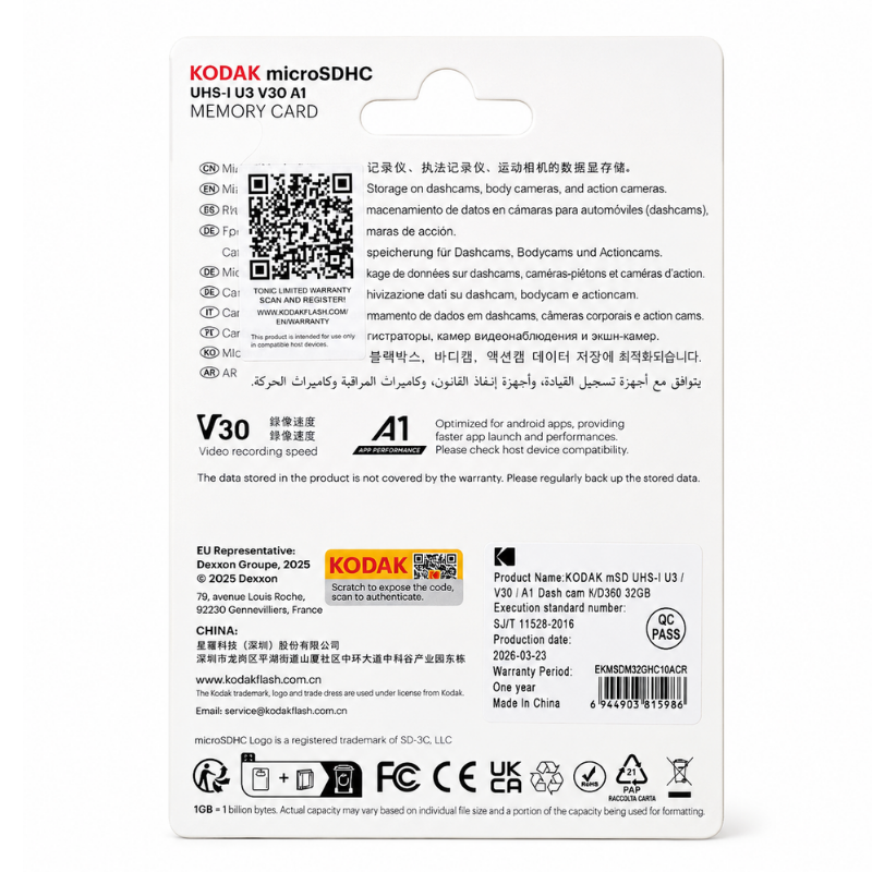 Kodak 32GB UHS-I U3/V30/A1 Araç Kamerası İçin Micro SD Kart KD360 