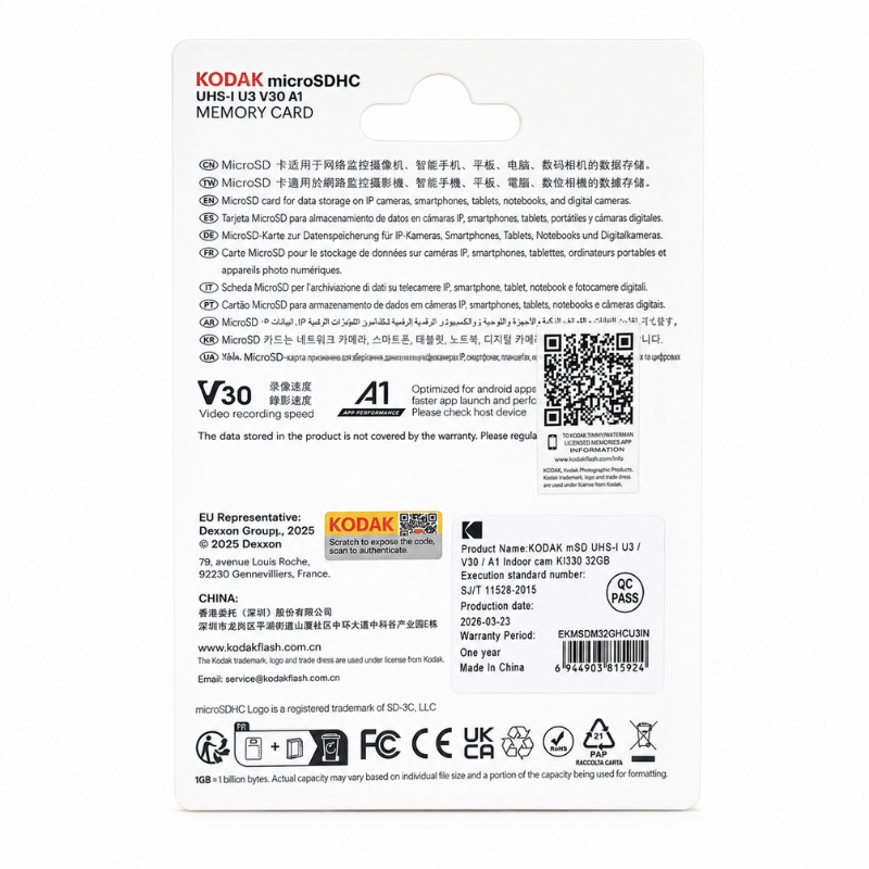 Kodak 32GB UHS-I U3/V30/A1 Güvenlik Kamerası İçin Micro SD Kart KI330