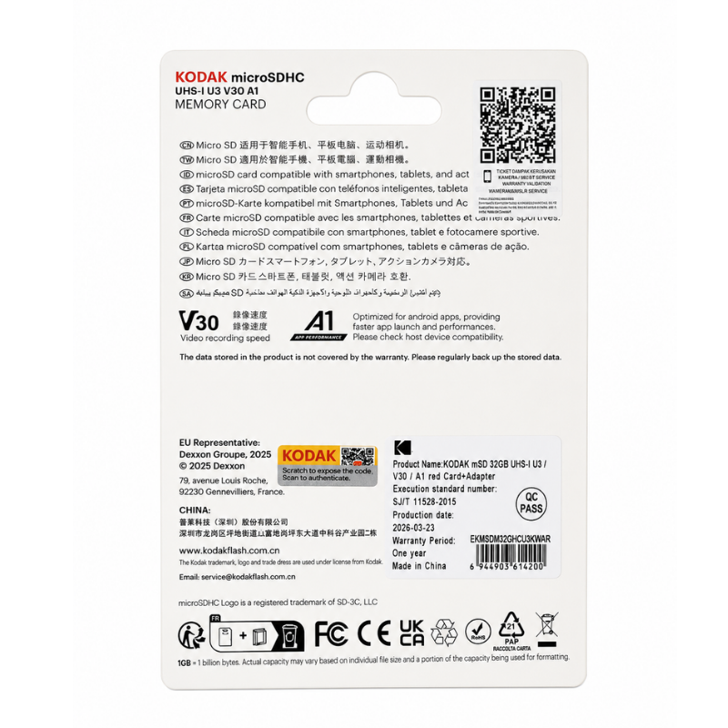 KODAK 32GB UHS-I U3/V30/A1 Micro SD Hafıza Kartı + Adaptör (Kırmızı)
