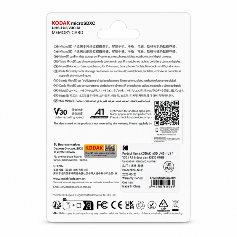 Kodak 64GB UHS-I U3/V30/A1 Güvenlik Kamerası İçin Micro SD Kart KI330