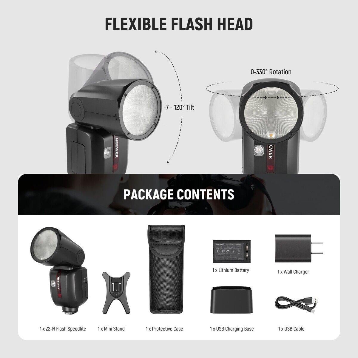 Neewer Z2PRO-N Nikon Uyumlu 76W Yuvarlak Kafa Akülü Tepe Flaşı